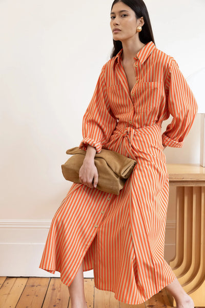 VI.VE.RE Lina Tie Front Shirt Dress - Orange / Sand