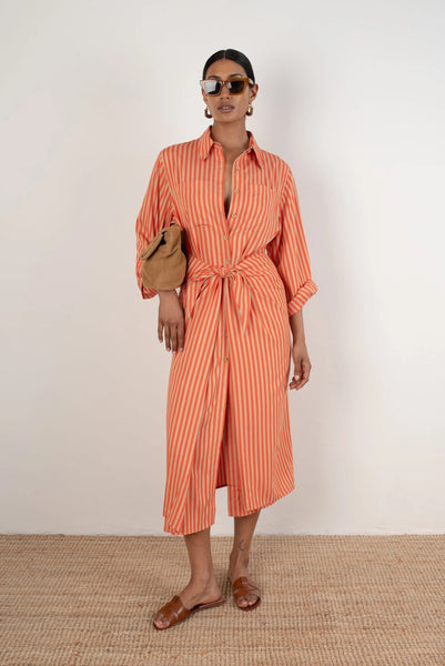 VI.VE.RE Lina Tie Front Shirt Dress - Orange / Sand