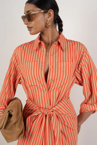 VI.VE.RE Lina Tie Front Shirt Dress - Orange / Sand