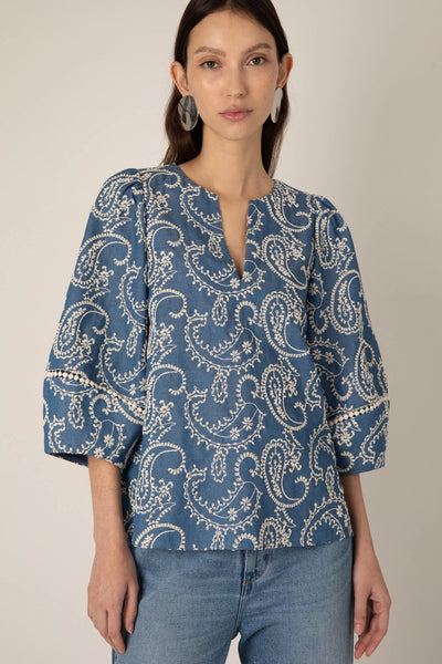 VI.VE.RE Manuela Embroidered Chambray Blouse - Blue