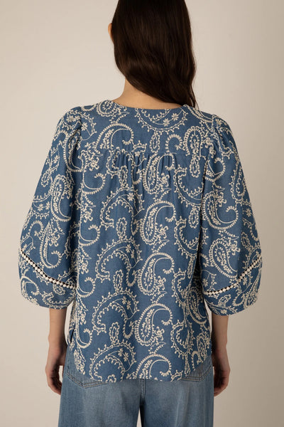VI.VE.RE Manuela Embroidered Chambray Blouse - Blue