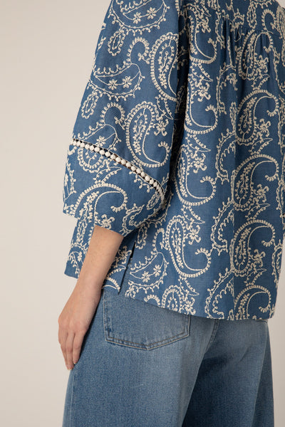 VI.VE.RE Manuela Embroidered Chambray Blouse - Blue