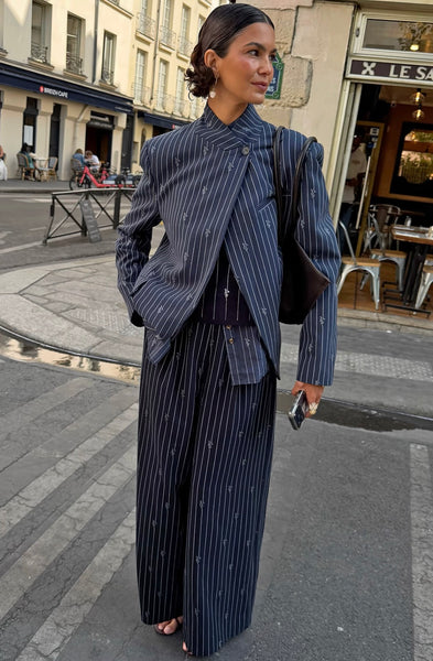 Never Fully Dressed Navy Pinstripe Fold Over Blazer