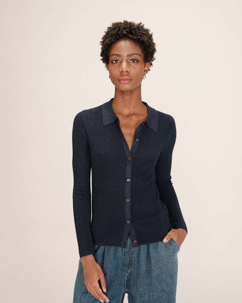 Grace & Mila Teller Knitted Collar Top - Marine