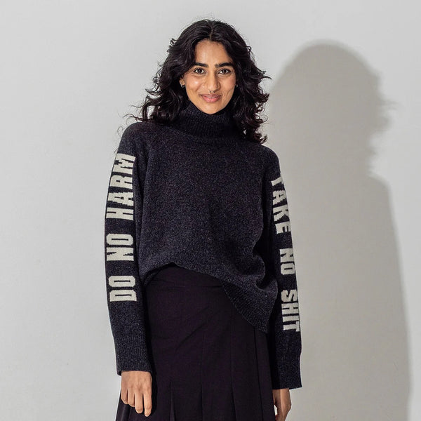 Black & Beech Do No Harm Take No Shit Merino Funnel Jumper - Anthracite