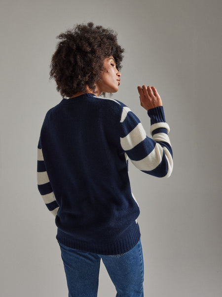 Salts Cashmere Lofty Crew Neck Sweater - Navy / Soft White