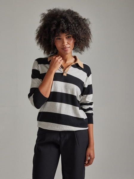 Salts Cashmere Long Sleeved Stripe Polo Shirt - Silver / Black