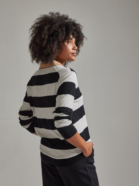 Salts Cashmere Long Sleeved Stripe Polo Shirt - Silver / Black