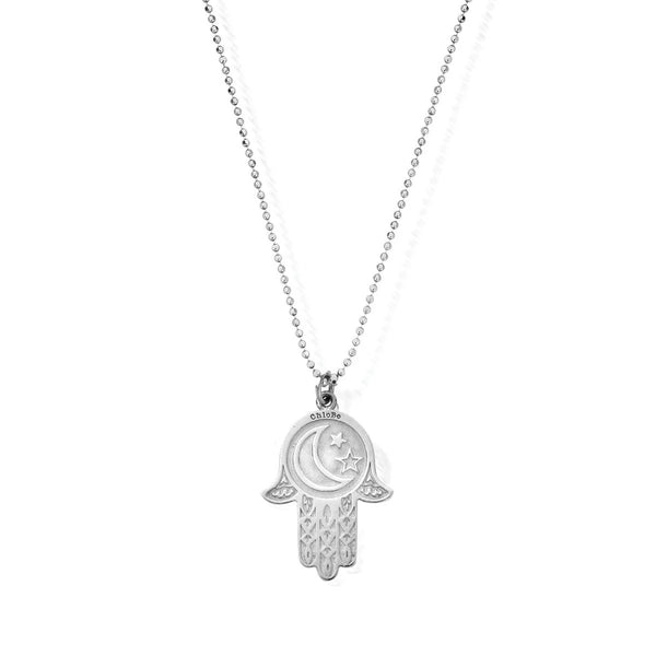 ChloBo Diamond Cut Chain With Moon & Star Hamsa Hand Pendant - Silver