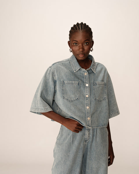 Grace & Mila Pomona Cropped Denim Shirt - Sky Blue