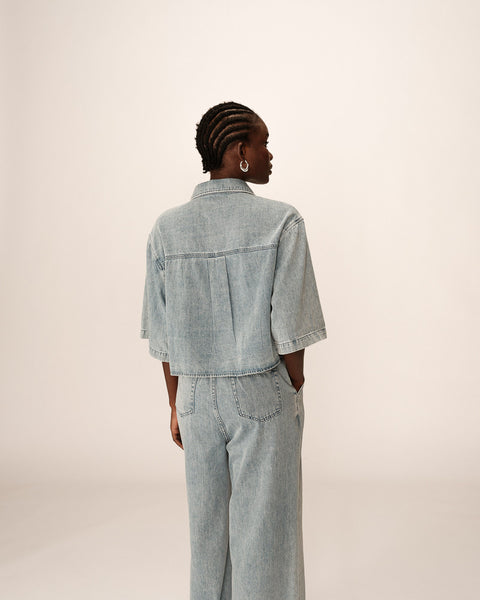Grace & Mila Pomona Cropped Denim Shirt - Sky Blue