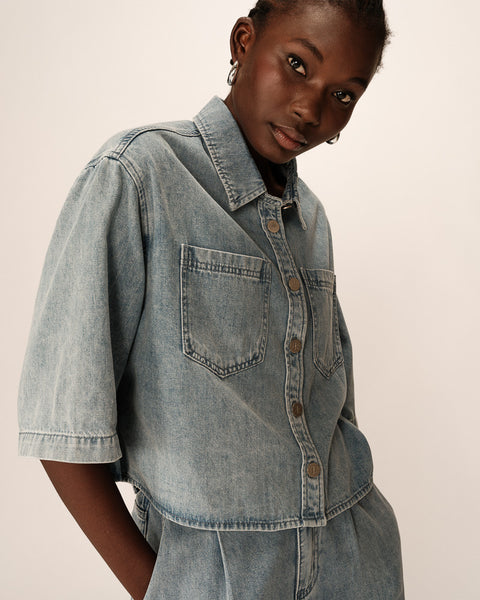 Grace & Mila Pomona Cropped Denim Shirt - Sky Blue