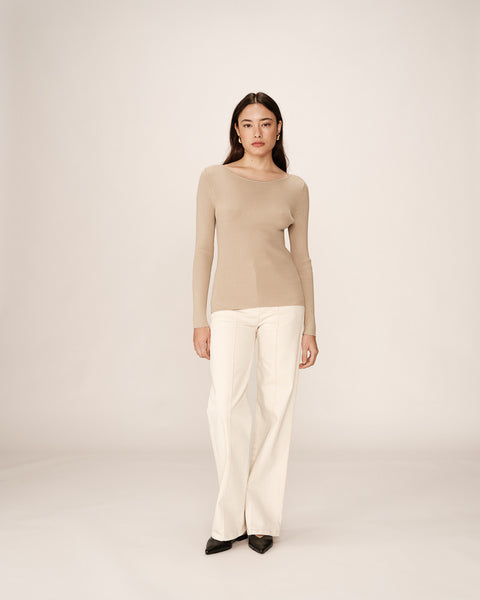 Grace & Mila Pacome Stripe Boat Neck Top - Beige
