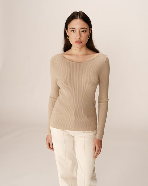 Grace & Mila Pacome Stripe Boat Neck Top - Beige