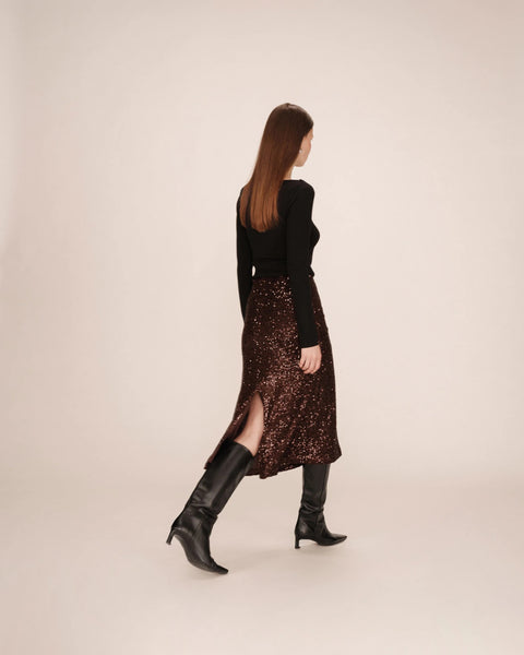 Grace & Mila Tailana Sequin Skirt - Chocolate