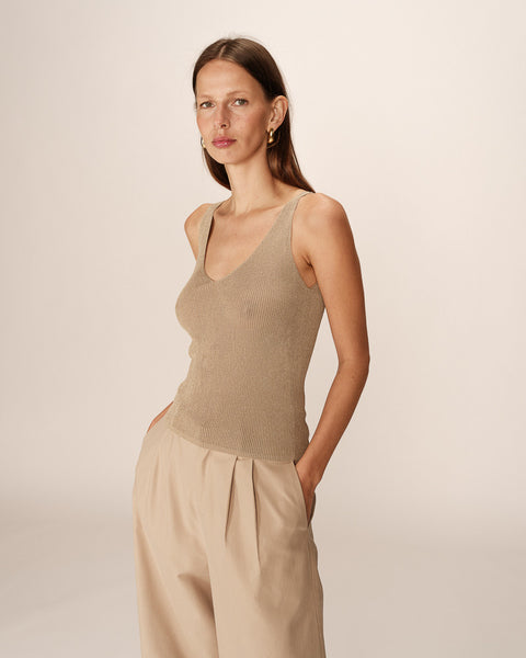 Grace & Mila Paillette V-Neck Lurex Fitted Top - Gold