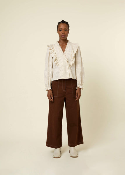 FRNCH Frill V Neck Print Blouse - Creme