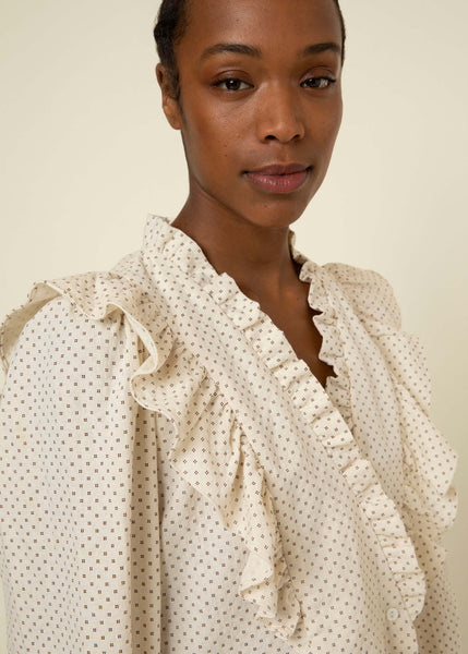 FRNCH Frill V Neck Print Blouse - Creme