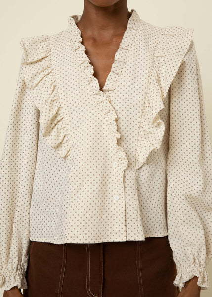 FRNCH Frill V Neck Print Blouse - Creme