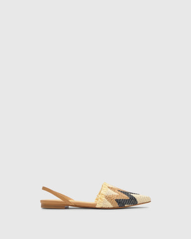 Castaner Berta Flat Slingback Raffia Shoe - Natural / Camel / Black
