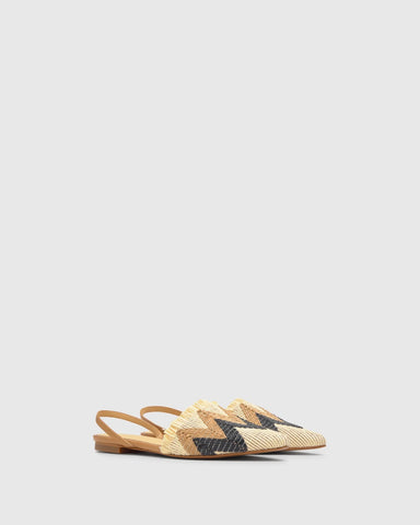 Castaner Berta Flat Slingback Raffia Shoe - Natural / Camel / Black