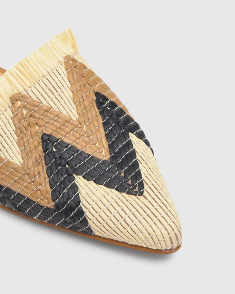 Castaner Berta Flat Slingback Raffia Shoe - Natural / Camel / Black
