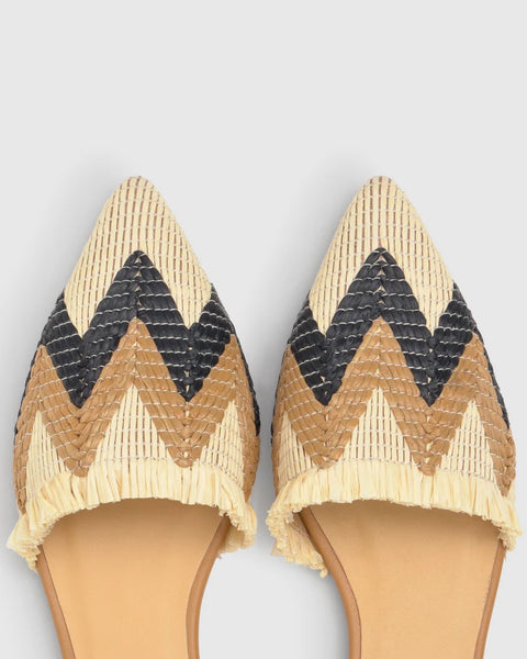 Castaner Berta Flat Slingback Raffia Shoe - Natural / Camel / Black