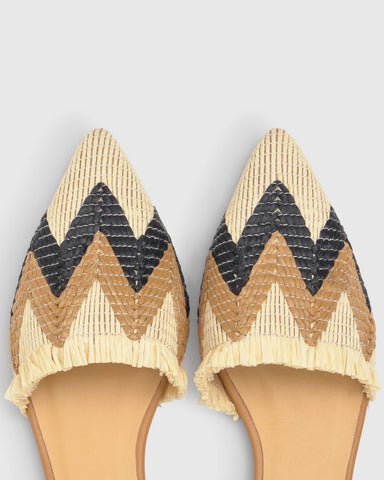 Castaner Berta Flat Slingback Raffia Shoe - Natural / Camel / Black