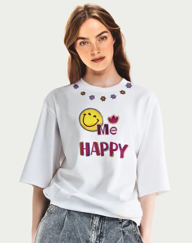 Me369 Angelina Happy Oversized T-Shirt - White