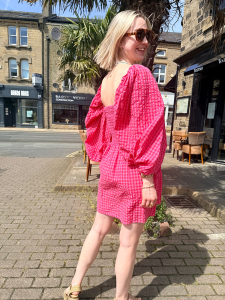Sundress Violette Short Mini Gingham Short Dress - Red / Fuchsia