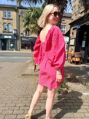 Sundress Violette Short Mini Gingham Short Dress - Red / Fuchsia