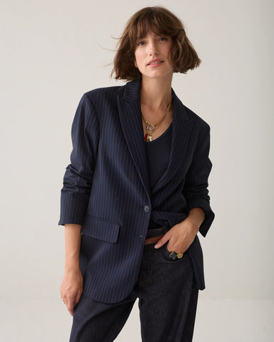 Summum Woman Striped Boyfriend Stripe Blazer - Navy