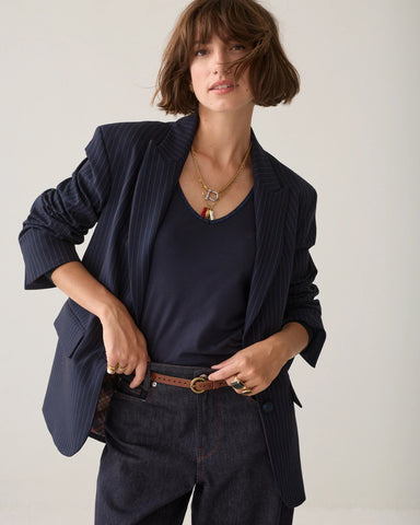 Summum Woman Striped Boyfriend Stripe Blazer - Navy
