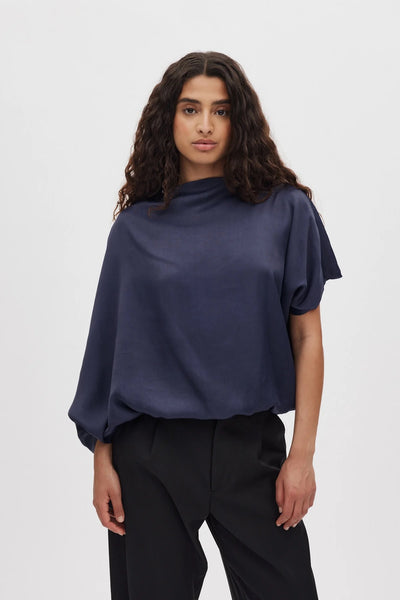 Rabens Saloner Ripple Drape Blouse Mist - Dark Blue