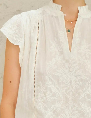 M.A.B.E. Apparel Lilia Embroidered Short Sleeve Top - Ecru