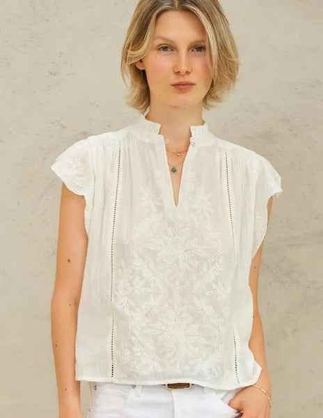 M.A.B.E. Apparel Lilia Embroidered Short Sleeve Top - Ecru