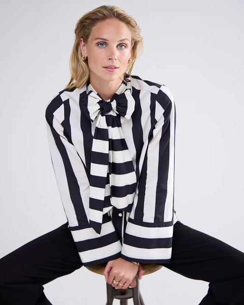 Summum Striped Blouse With Bow - Black