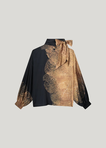 Summum Woman Top with Leaf Print - Camel