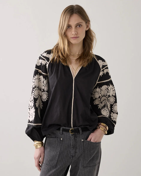 Summum Woman Embroidered Contrast Blouse - Black