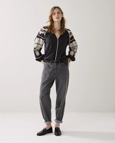 Summum Woman Embroidered Contrast Blouse - Black