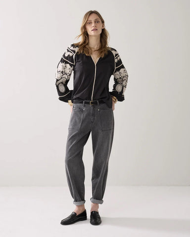 Summum Woman Embroidered Contrast Blouse - Black