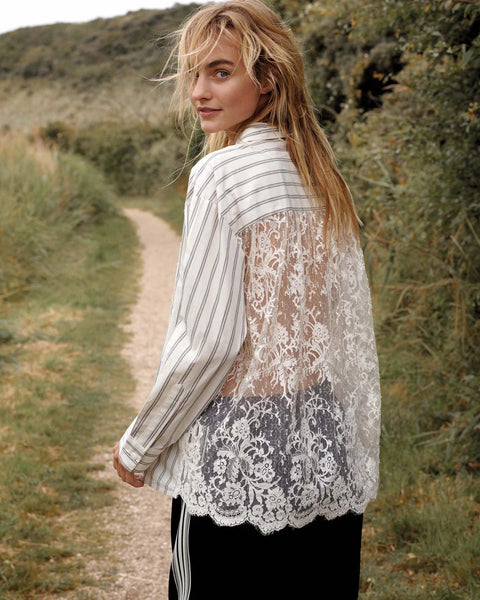 Summum Woman Stripe Shirt with Lace Back - Ivory