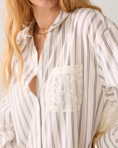 Summum Woman Stripe Shirt with Lace Back - Ivory