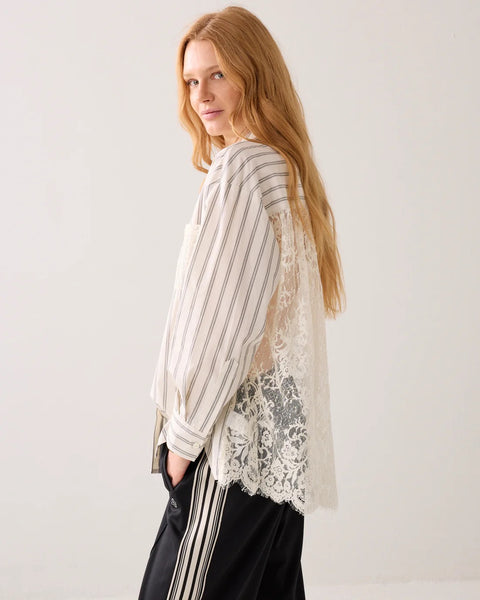 Summum Woman Stripe Shirt with Lace Back - Ivory