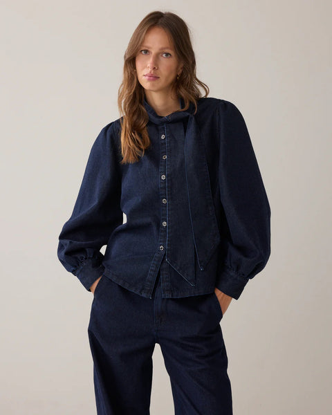 Summum Woman Denim Pussy Bow Blouse with Lurex - Denim