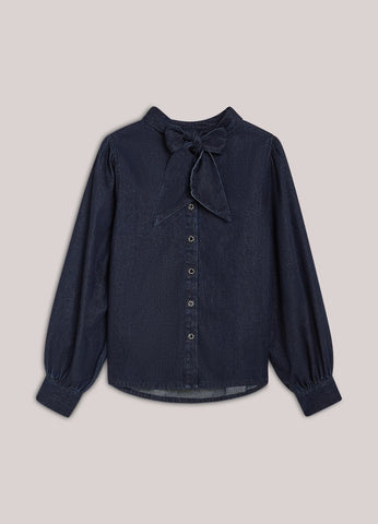 Summum Woman Denim Pussy Bow Blouse with Lurex - Denim