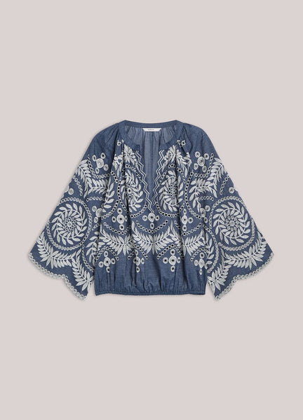 Summumm Woman Embroidered Chambray Top - Indigo