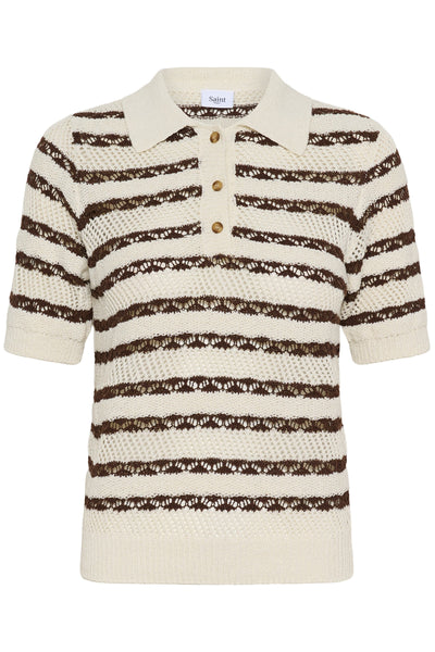 Saint Tropez RosettaSZ Knitted Polo Stripe Top - Fondue Stripe