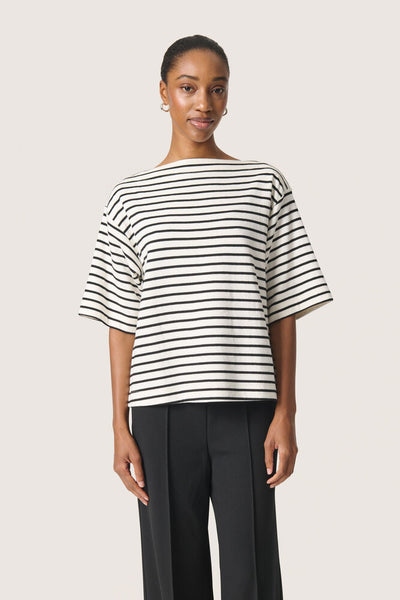 Soaked In Luxury SLIngina Short Sleeve Stripe Sweatshirt - India Ink & White