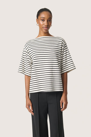 Soaked In Luxury SLIngina Short Sleeve Stripe Sweatshirt - India Ink & White